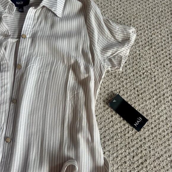 Naïf Dress Size L Lightweight Natural Beige Long Tunic Sleeve Belted Button Up - Picture 3 of 9